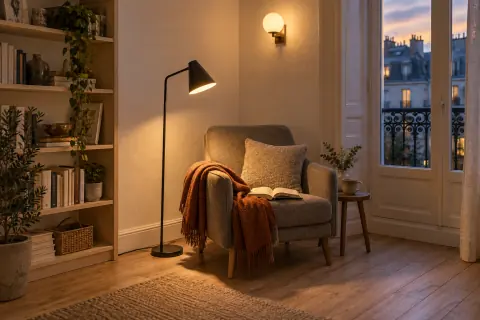Coin lecture scandinave le soir, avec fauteuil clair, lampe près de l'assise et plaid rouille