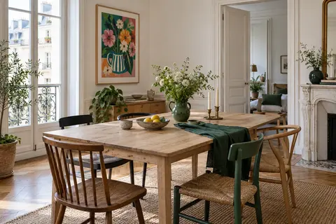 Détail de laine, lin, céramique mate et verre opalin dans une palette scandinave