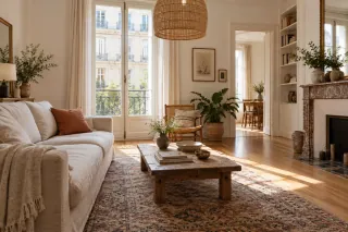 Salon bohème lumineux avec canapé écru, tapis texturé, bois chaud et objets personnels