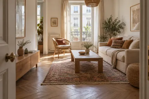 Séjour bohème avec canapé, table basse et passage dégagé vers une porte