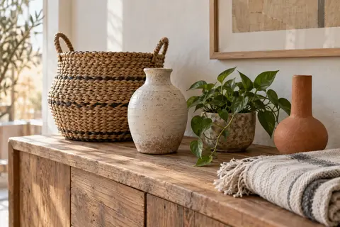 Composition bohème de bois, panier tressé, céramique et textile en lin