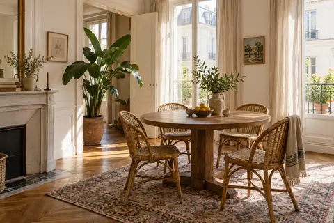 Coin repas bohème sobre avec table en bois, chaises en fibre et tapis discret