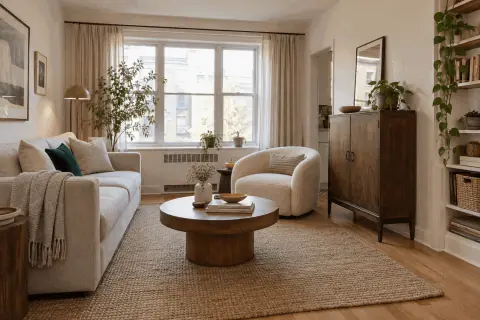 Mobilier aux formes douces disposé en laissant un passage dans une pièce
