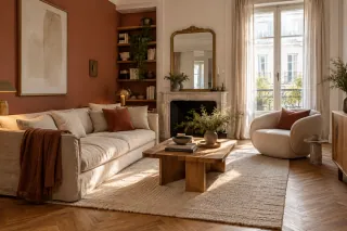 Salon lumineux associant canapé clair, touches terre cuite et fauteuil aux lignes arrondies