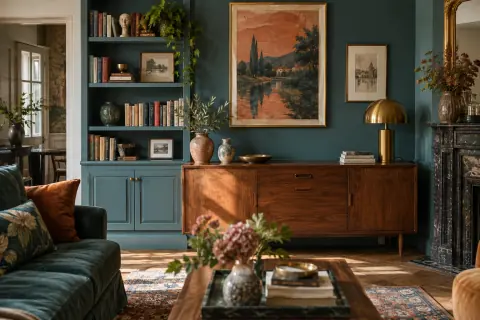 Buffet en noyer dans un séjour bleu profond avec bibliothèque et lampe en laiton