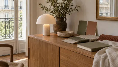 Échantillons olive et terre cuite avec textiles près d’un buffet en bois et d’une fenêtre