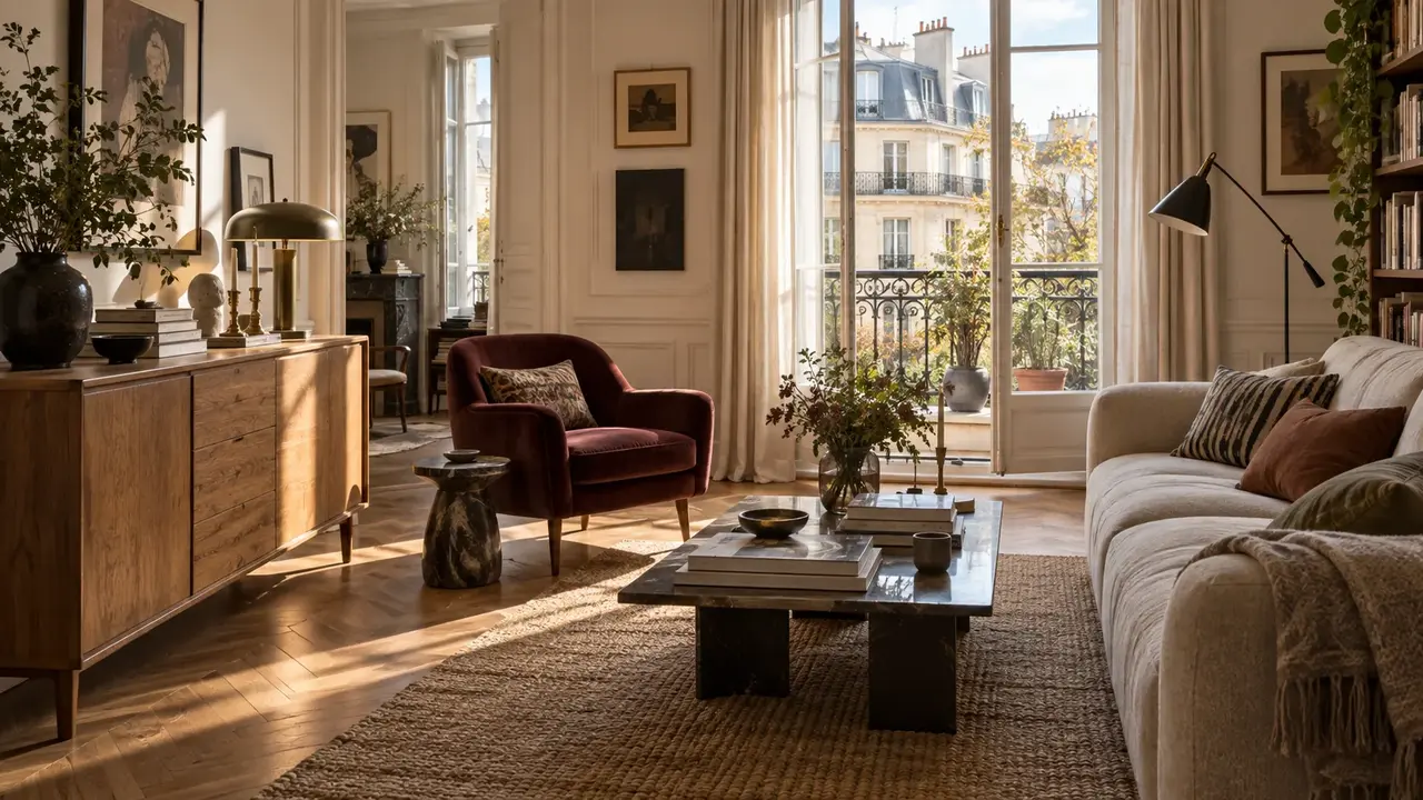Salon d’appartement avec canapé clair, fauteuil bordeaux, buffet en bois et passage dégagé