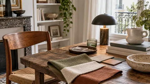 Textiles et objets disposés près d’un meuble existant pour comparer une ambiance