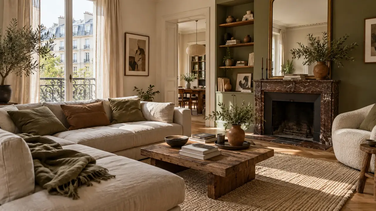 Salon lumineux aux murs écrus, accents olive et bois chaud