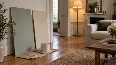 Deux grands échantillons de peinture comparés dans un salon près d'une lampe allumée