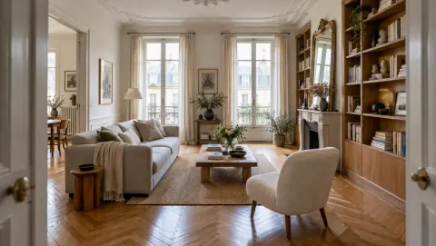 Salon vu depuis l'entrée avec parquet miel, canapé gris clair et bibliothèque en bois
