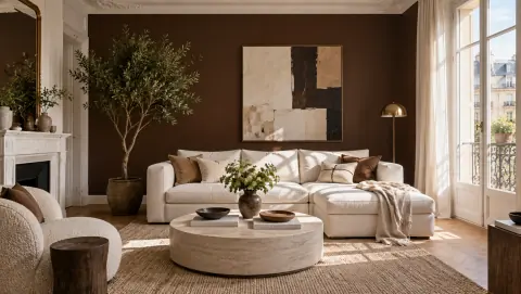 Salon clair avec mur d'accent brun profond et canapé écru
