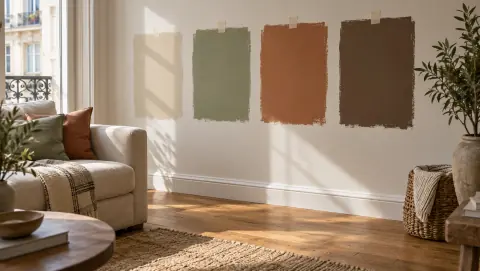 Quatre échantillons de peinture posés près d'un parquet miel dans un salon