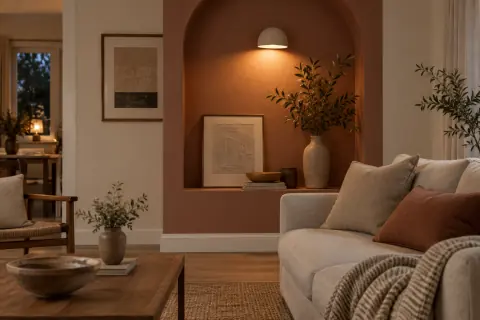 Alcôve terracotta éclairée par une applique dans un salon en soirée