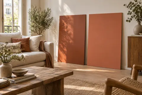 Deux grands échantillons terracotta devant un mur clair près du canapé