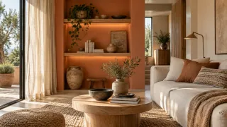 Niche terracotta dans un salon aux murs clairs