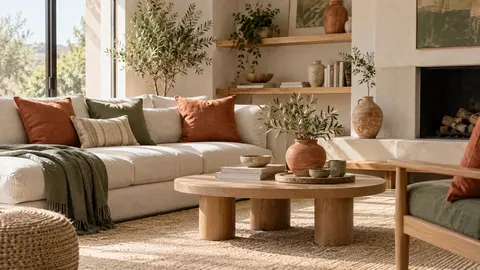 Objets terracotta associés à du linge clair dans un salon