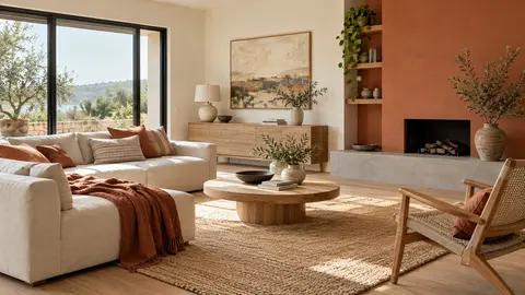 Mur terracotta près d’un canapé clair dans un salon lumineux