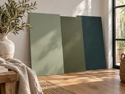 Nuanciers de verts posés près d’une fenêtre pour comparer leur rendu selon la lumière