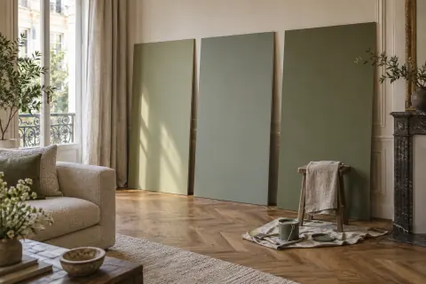 Trois grands panneaux de peinture vert sauge, gris vert et olive près d’une fenêtre