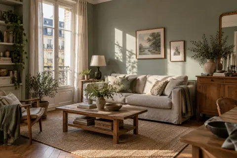 Salon à la lumière du matin avec mur gris vert et mobilier en bois