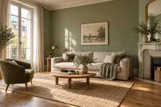 Salon aux murs vert sauge, canapé en lin et lumière du jour