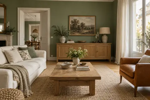 Salon vert sauge avec parquet de chêne, fauteuil cuir et textiles clairs