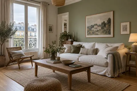 Salon peu ensoleillé avec mur vert sauge chaud, canapé clair et fenêtre sous ciel couvert