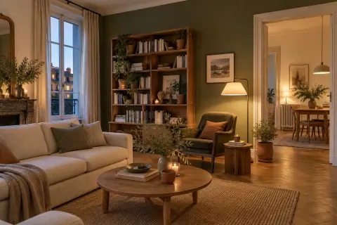 Salon aux murs vert olive éclairé par plusieurs lampes en soirée
