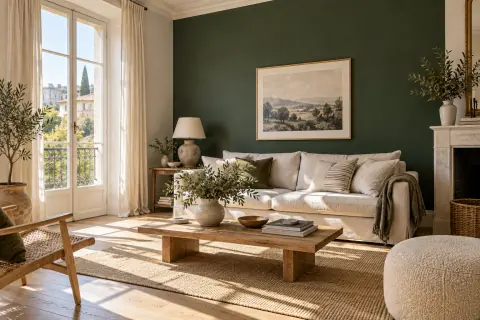 Salon ensoleillé avec mur vert forêt profond et canapé clair