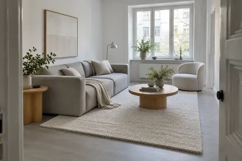 Petit salon gris et blanc observé depuis la porte avec fenêtre, tapis et table basse