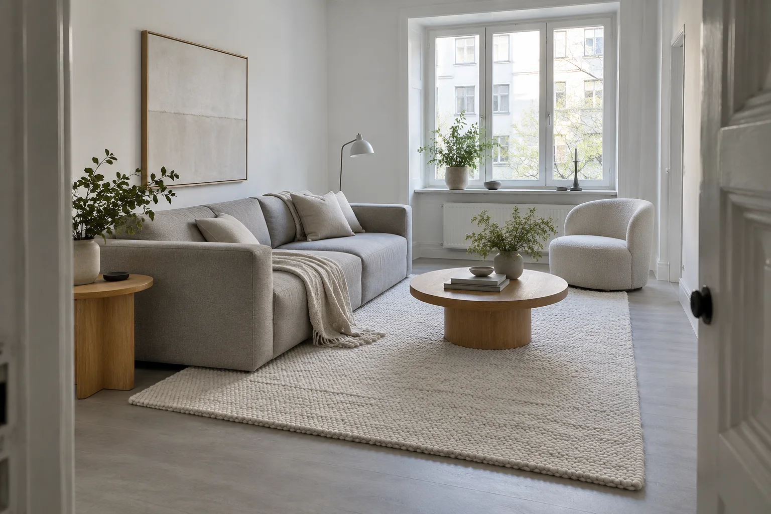 Petit salon gris et blanc observé depuis la porte avec fenêtre, tapis et table basse