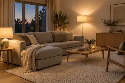 Salon gris et blanc éclairé le soir par une lampe de lecture et une lumière d'ambiance