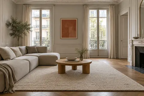 Salon gris et blanc sobre avec tapis, table en bois et accent terre cuite discret
