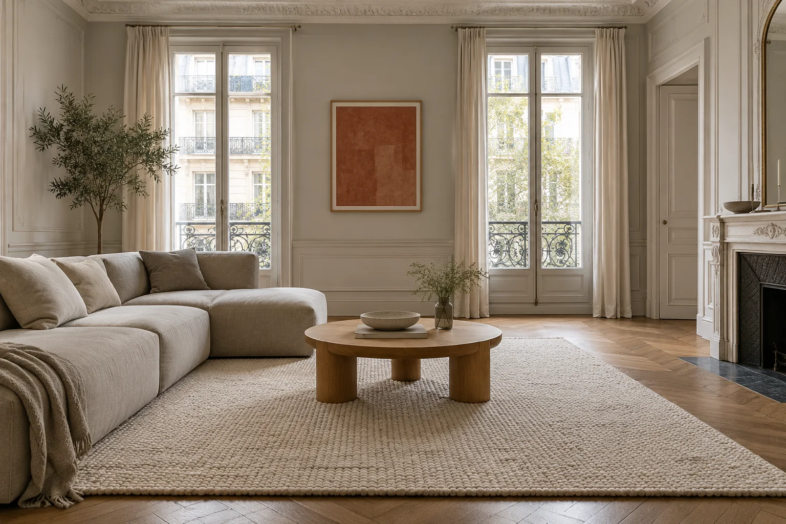 Salon gris et blanc sobre avec tapis, table en bois et accent terre cuite discret