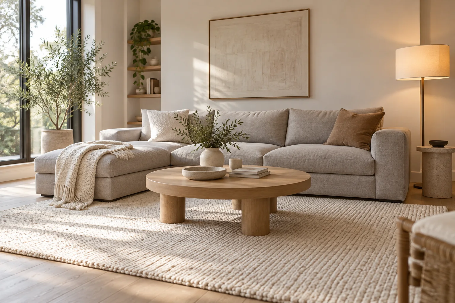 Salon gris et blanc réchauffé par un tapis écru, du bois clair et une lampe douce