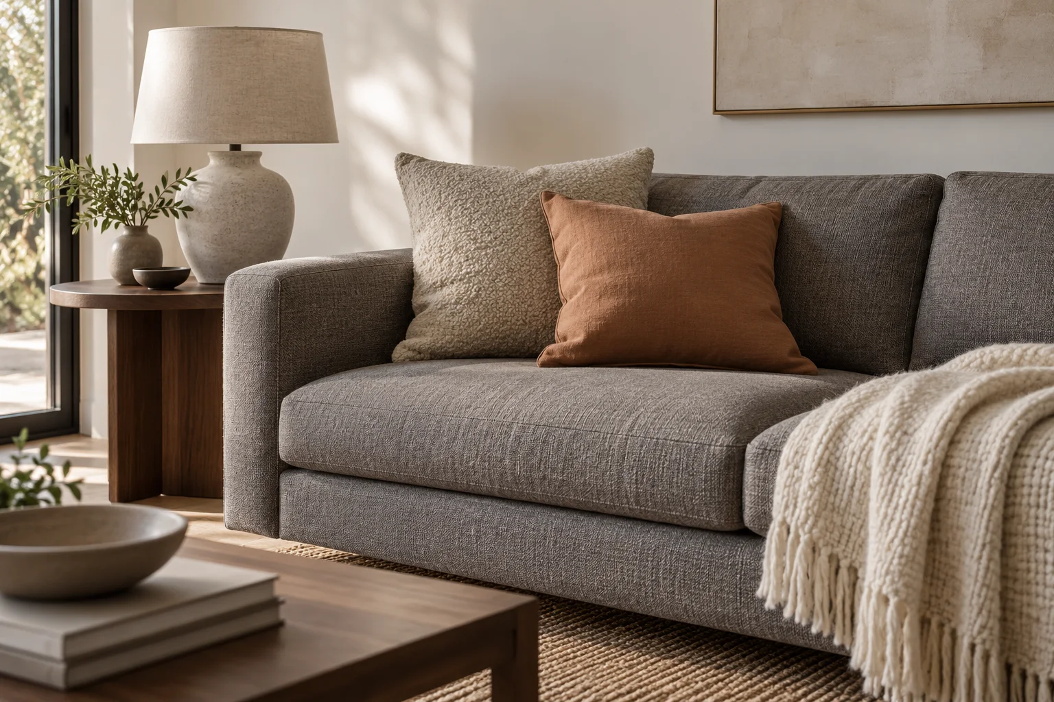 Canapé gris avec plaid texturé, coussins écrus et table d’appoint en bois