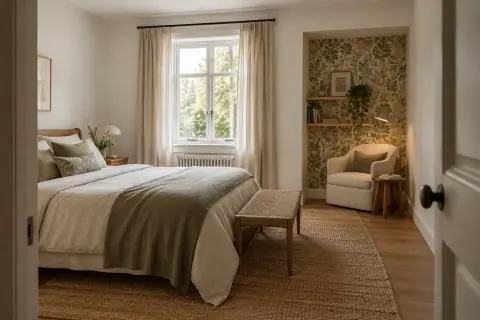Chambre adulte avec papier peint botanique limité à une alcôve de lecture