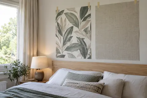 Deux grands échantillons de papier peint botanique et effet lin observés près du lit