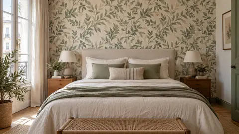 Chambre adulte avec papier peint botanique vert sauge sur le mur derrière le lit