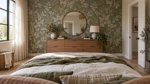 Chambre adulte avec mur décoré face au lit