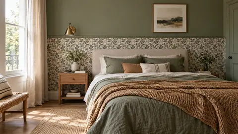 Chambre adulte avec papier peint en soubassement