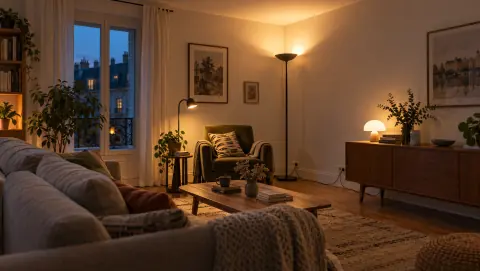 Salon sans plafonnier avec lampadaire indirect, liseuse et lampe de buffet allumés