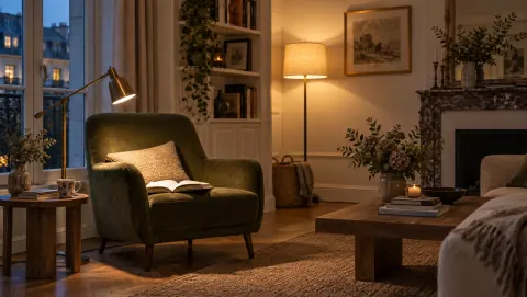 Fauteuil de lecture éclairé par une lampe de tâche dans un salon sans plafonnier