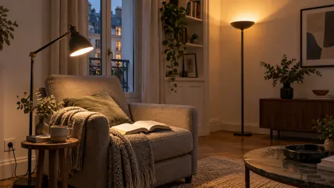 Liseuse orientable près d’un fauteuil et lampadaire indirect au fond du salon
