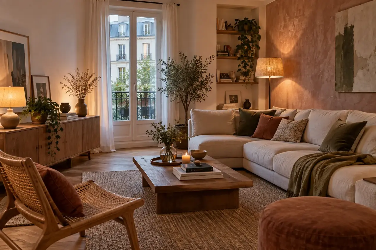 Salon contemporain éclairé par un lampadaire et des lampes à poser, sans plafonnier