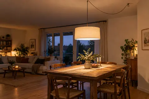 Illustration d’une suspension déportée au-dessus d’une table décalée du point électrique