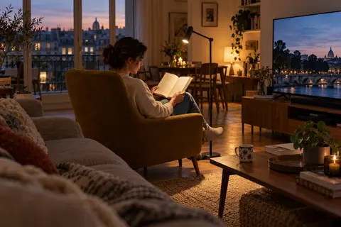 Illustration d’une liseuse éclairant un livre sans reflet direct sur la télévision