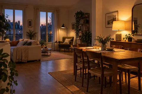 Illustration de lampes mobiles pour une table et un fauteuil dans une petite pièce louée