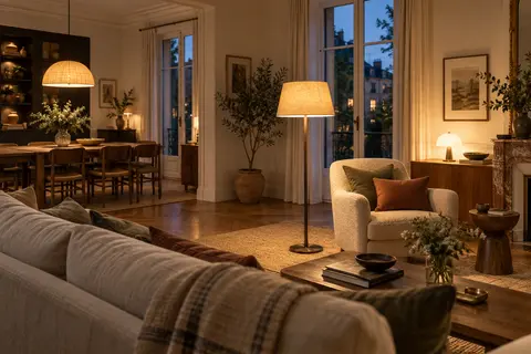 Lampadaire de lecture près d’un fauteuil et lumière douce sur un meuble dans un salon ouvert sur la salle à manger